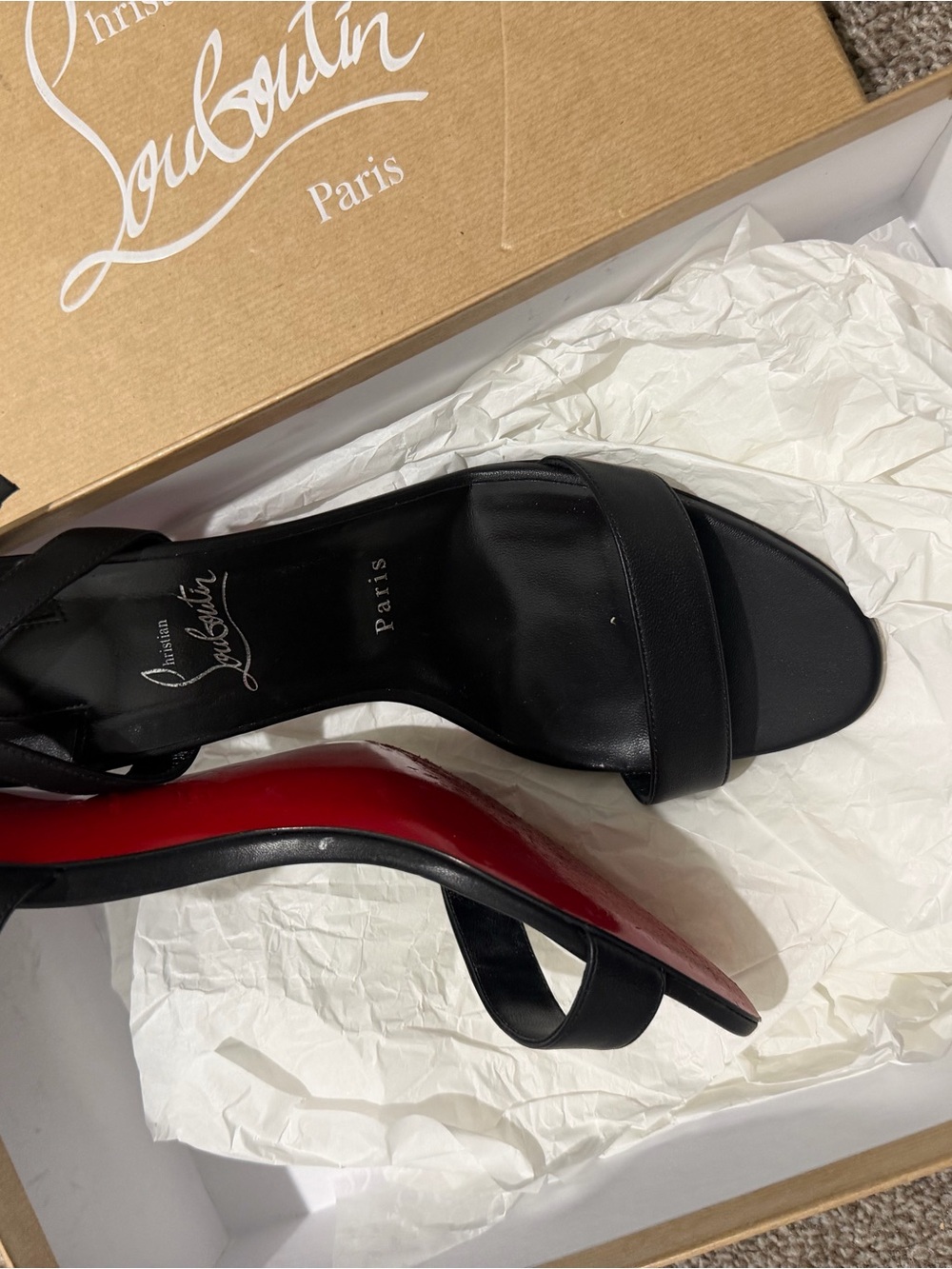 Christian Louboutin Black Leather Open-Strap Heels with Red Sole